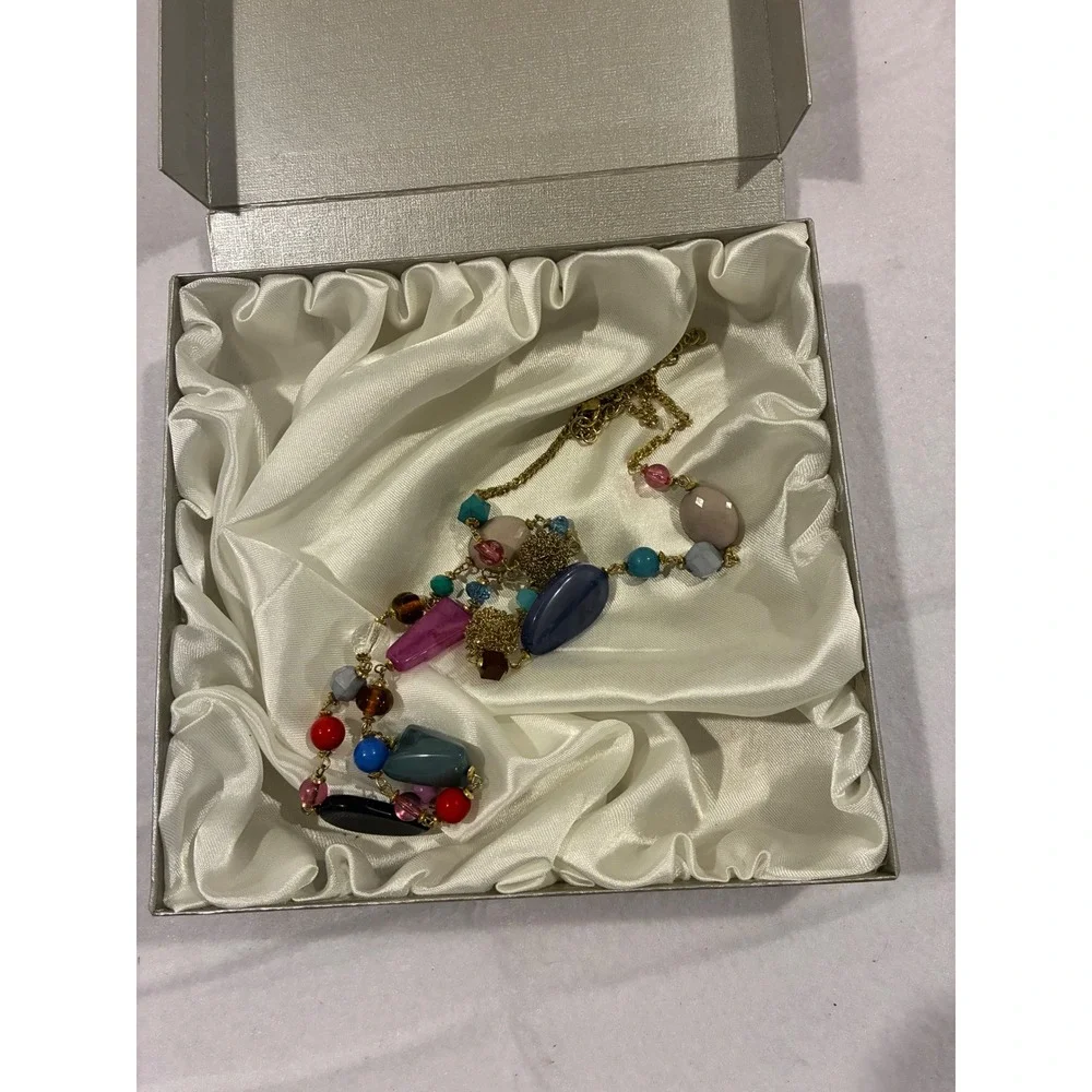 Multi Color Beaded Long Gold Tone Chain Necklace Boho Statement Jewelry